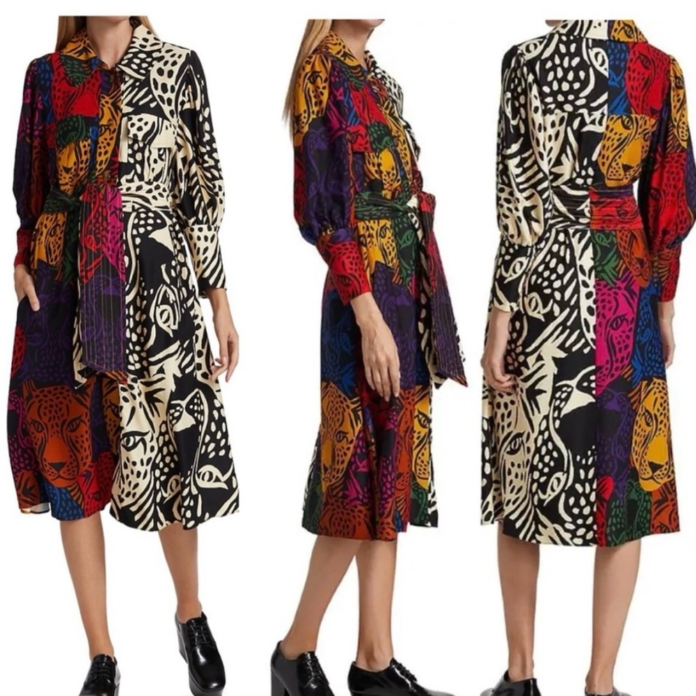 Farm Rio Midnight Leopards Color-blocked Print Shirtdress